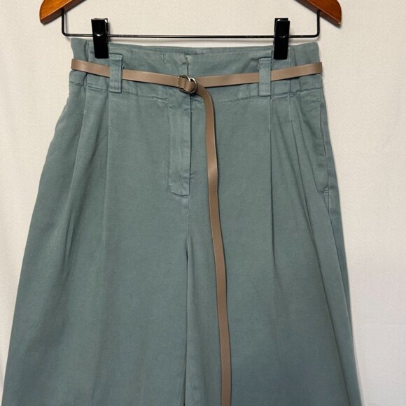Peserico Sage Green Pleated Wide Leg Gaberdine Tan Silver Hardware Belted Pants - Picture 3 of 16